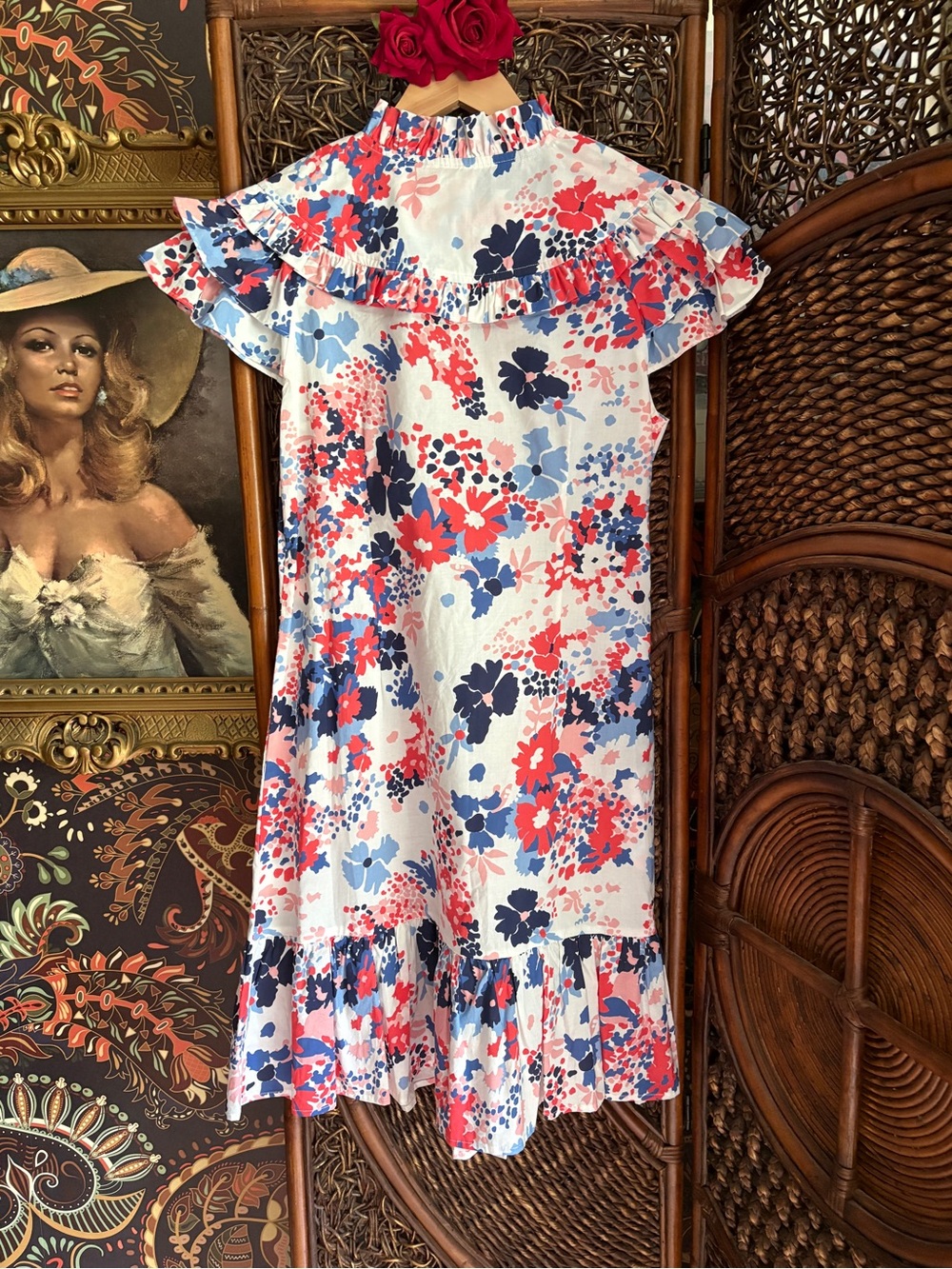 CK Bradley Floral Ruffle Midi Dress Small Red White Blue Preppy Coastal